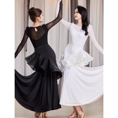 White black lace rose flowers ballroom dance dresses for women girls ruffles long length waltz tango rhythm smooth dance long gown for female